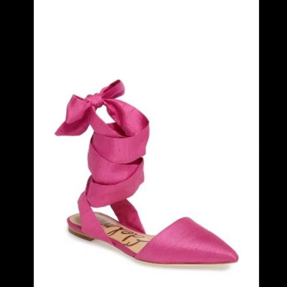 Sam Edelman Pink Satin Pointed Toe Ankle Tie Flats